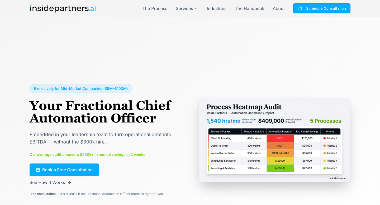 Screenshot of the InsidePartners.ai homepage, October 2026: 'Your Fractional Chief Automation Officer'.