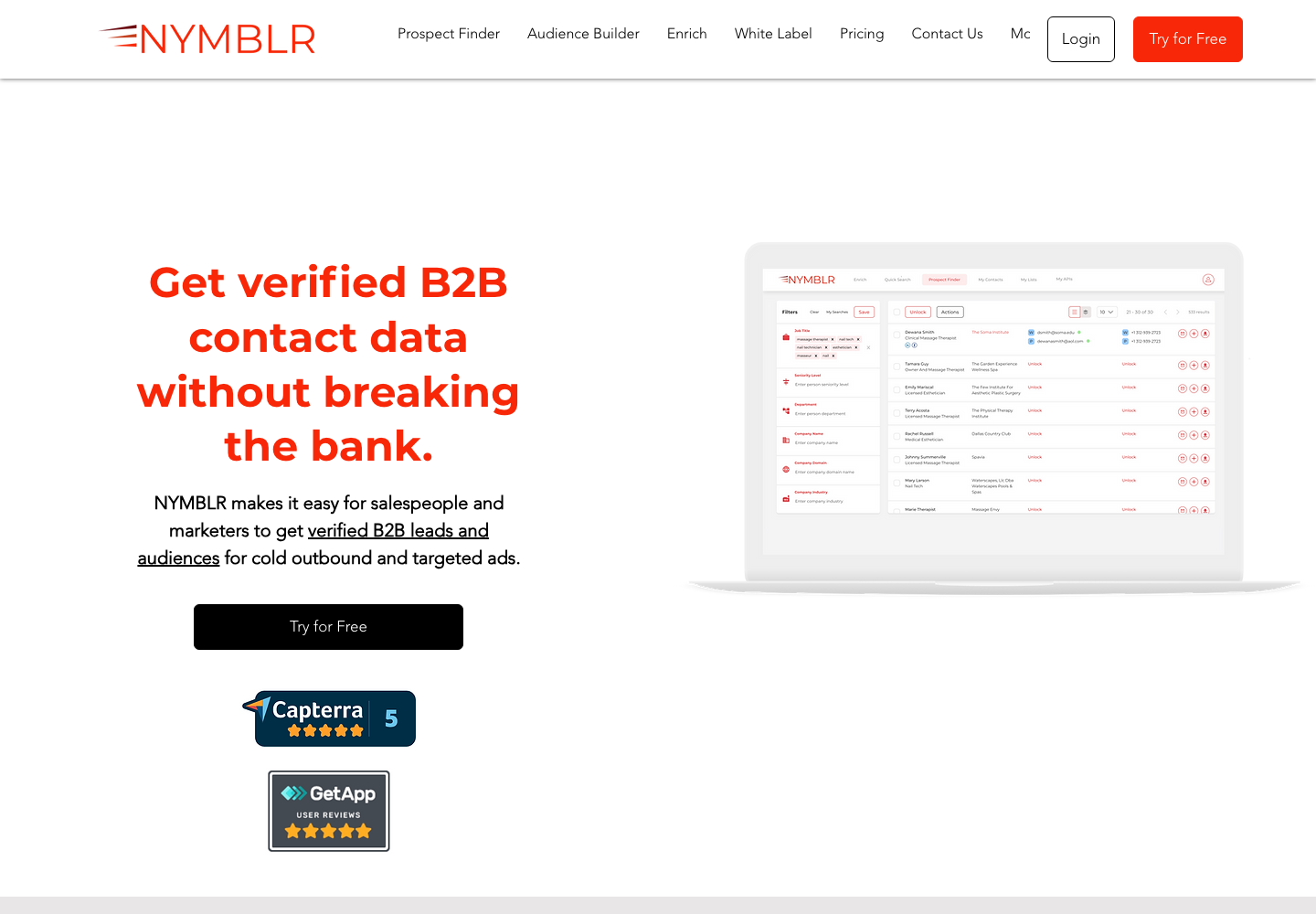 Screenshot of the Nymblr homepage, October 2023: 'Get verified B2B contact data without breaking the bank.'