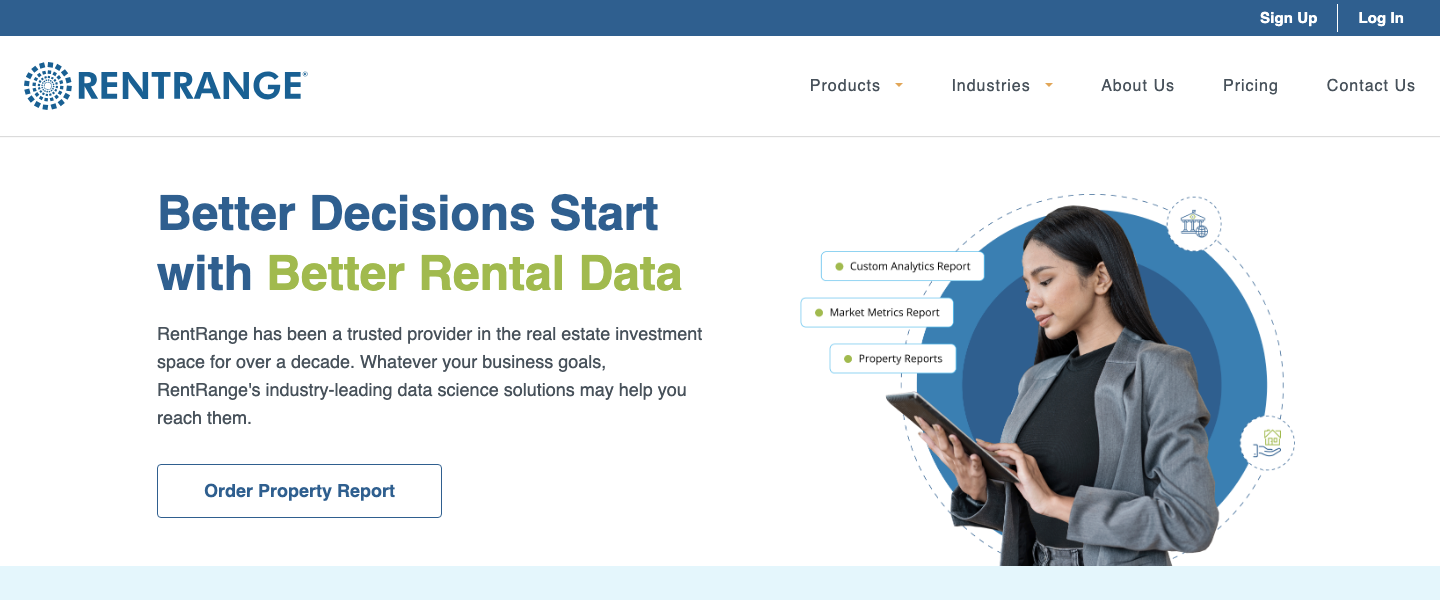 Screenshot of the RentRange homepage, October 2026: 'Better Decisions Start with Better Rental Data'.